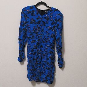 Zara Drapped Blue Floral Ruched Long Sleeve Dress